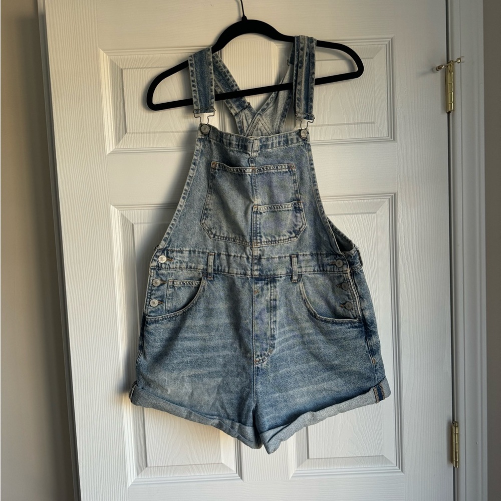We The Free Blue Denim Oversized Overalls with Adjustable Straps